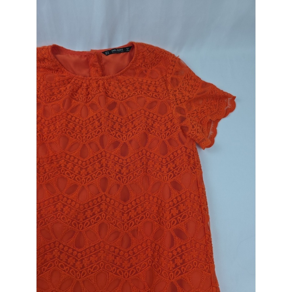 ZARA Bright Orange Crochet Lace Short Sleeve Sheath Dress Size XL - Picture 3 of 15